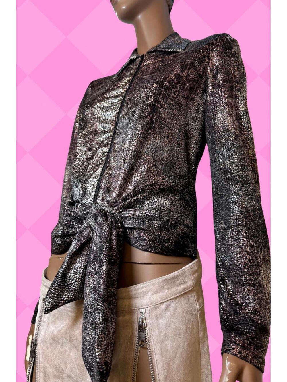 Joseph Ribkoff metallic zip up jacket silver purple snakeskin belted buckle M-L